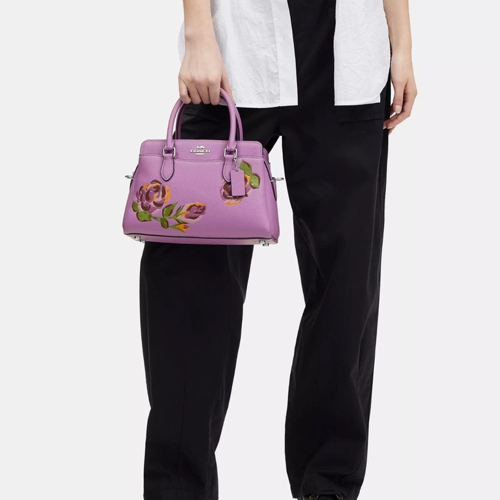 NWT Coach Mini Darcie Carryall With Rose Print/Pebble Leather/ Purple - Picture 10 of 13